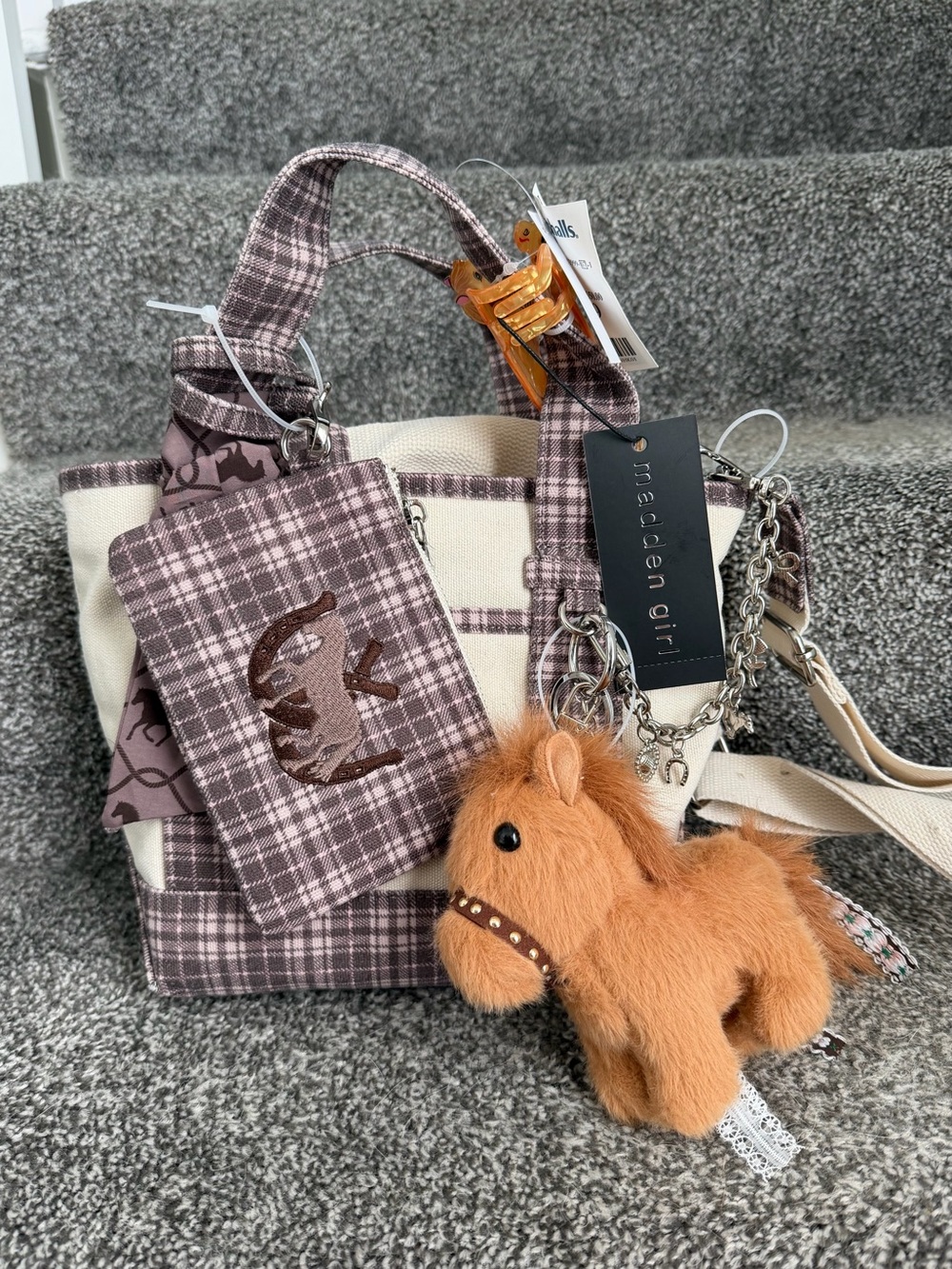 Madden Girl Cream and Mauve Plaid Crossbody Bag with Horse Charm